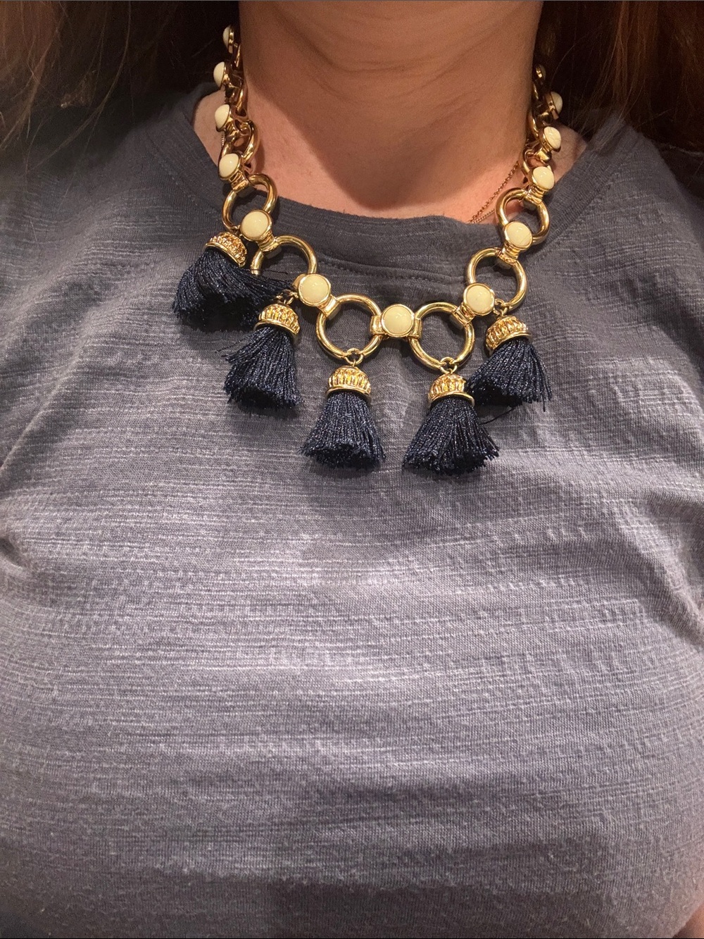 Trina Turk Gold Chain Necklace with Navy Tassels and white details. 10” - Picture 5 of 5